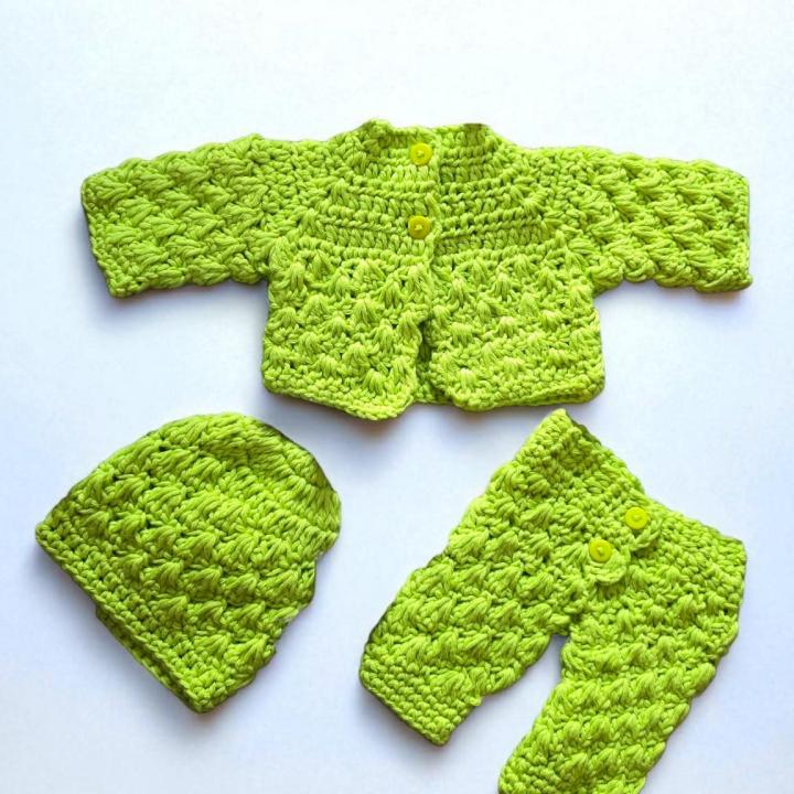 Handmade Crochet Baby Cardigan Set: Ribbed Beanie and Booties